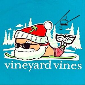 Vineyard Vines Long Sleeve Tee Mens Medium Santa Skis Whale Pocket T-Shirt Blue
